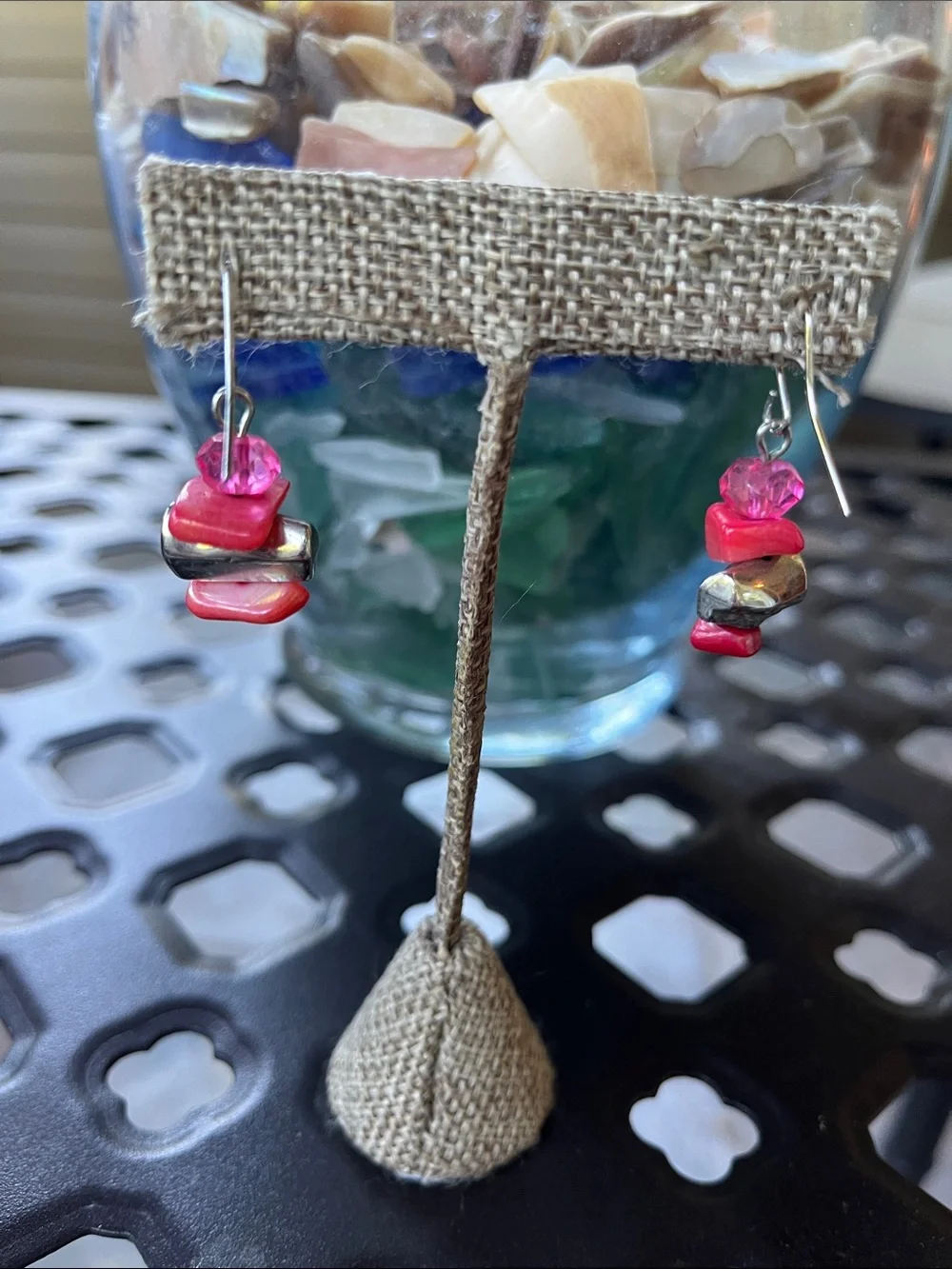 Pink Shell & Silver Bead Dangle Earrings